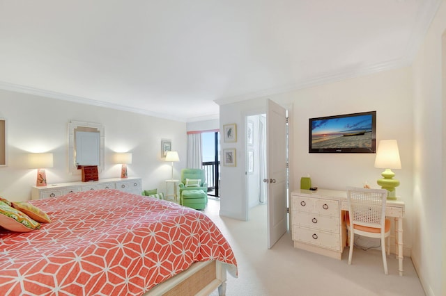 bedroom featuring light colored carpet and crown molding