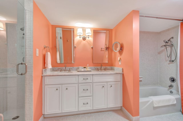 bathroom with tile patterned floors, vanity, and plus walk in shower