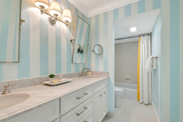 full bathroom with shower / bath combo, tile patterned flooring, toilet, vanity, and ornamental molding