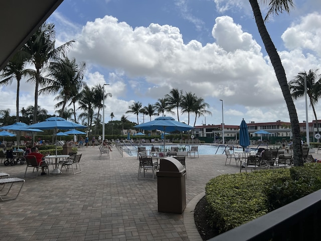 view of patio / terrace with a community pool and a water view