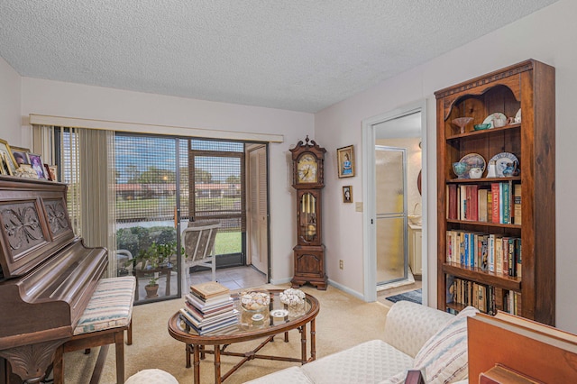 living area featuring light colored carpet and a textured ceiling