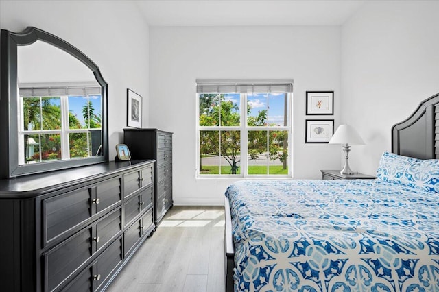 bedroom with light hardwood / wood-style flooring and multiple windows