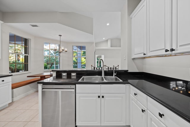 kitchen with white cabinets, stainless steel dishwasher, light tile patterned floors, and sink