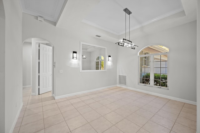 unfurnished dining area featuring a chandelier, light tile patterned floors, and ornamental molding