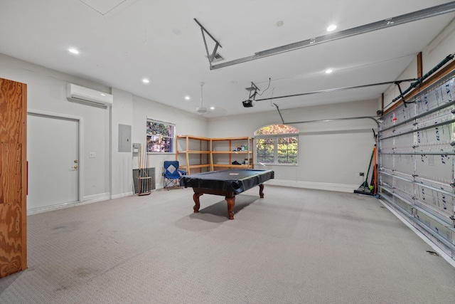 rec room featuring a wall unit AC, electric panel, light carpet, and billiards