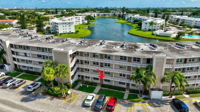 bird's eye view with a water view