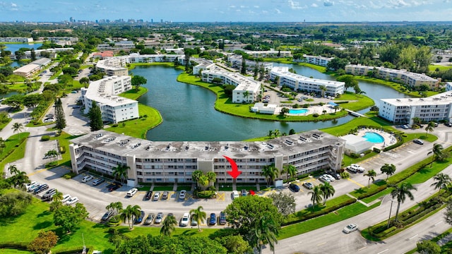 aerial view featuring a water view