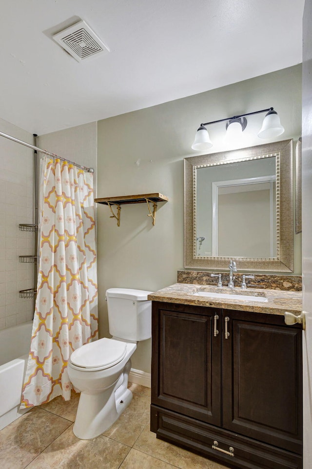 full bathroom with tile patterned flooring, vanity, shower / tub combo with curtain, and toilet