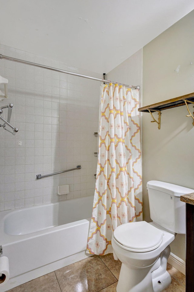 bathroom with tile patterned flooring, toilet, and shower / tub combo with curtain