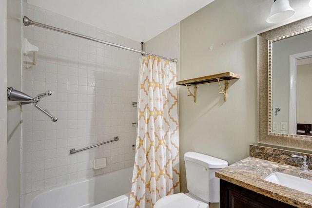 full bathroom featuring toilet, vanity, and shower / tub combo with curtain