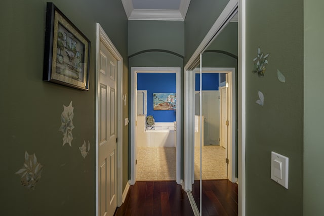 corridor featuring ornamental molding and dark hardwood / wood-style flooring