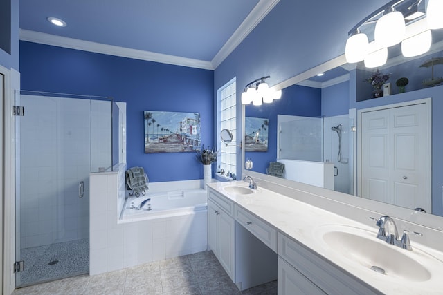 bathroom with crown molding, vanity, tile patterned floors, and plus walk in shower