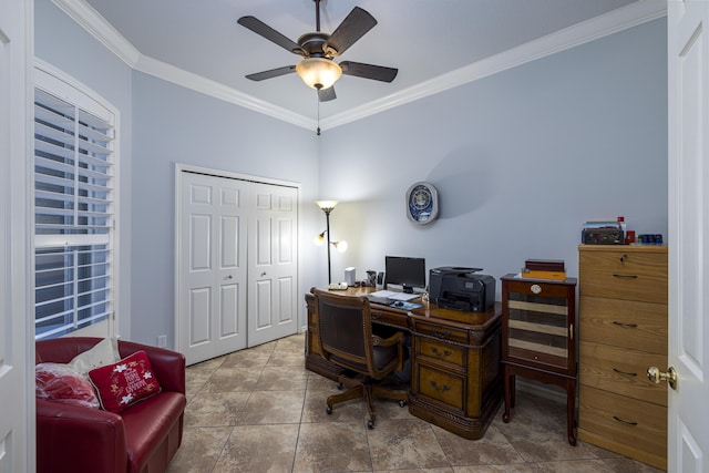 home office with crown molding and ceiling fan