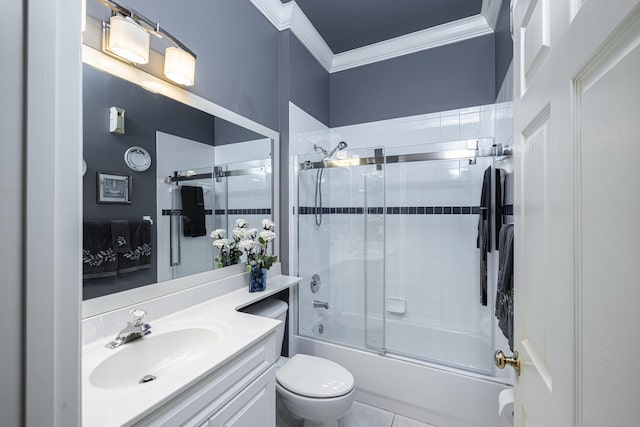 full bathroom featuring vanity, crown molding, enclosed tub / shower combo, and toilet