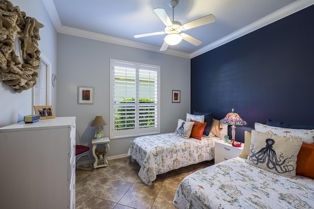 bedroom featuring tile patterned flooring, ornamental molding, and ceiling fan