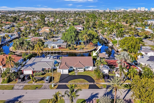 bird's eye view with a water view