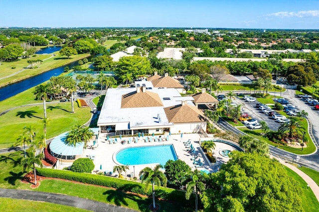 drone / aerial view featuring a water view