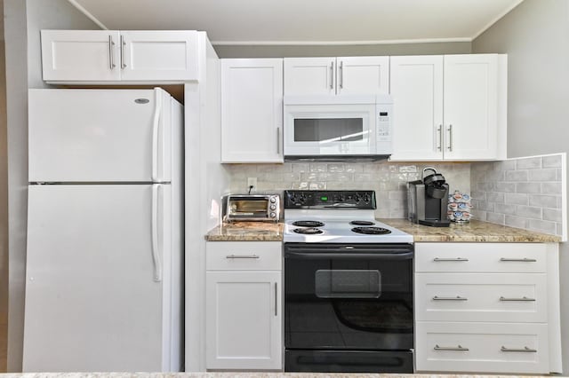 kitchen featuring backsplash, white cabinetry, light stone countertops, and white appliances