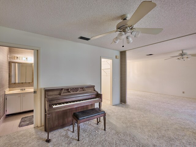 miscellaneous room featuring ceiling fan, sink, light colored carpet, and a textured ceiling