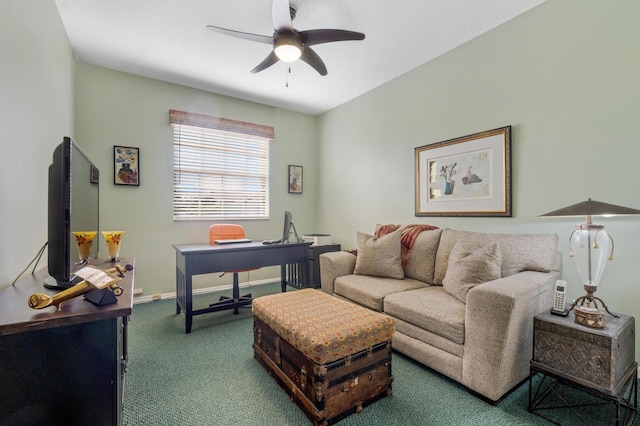 office with ceiling fan and carpet