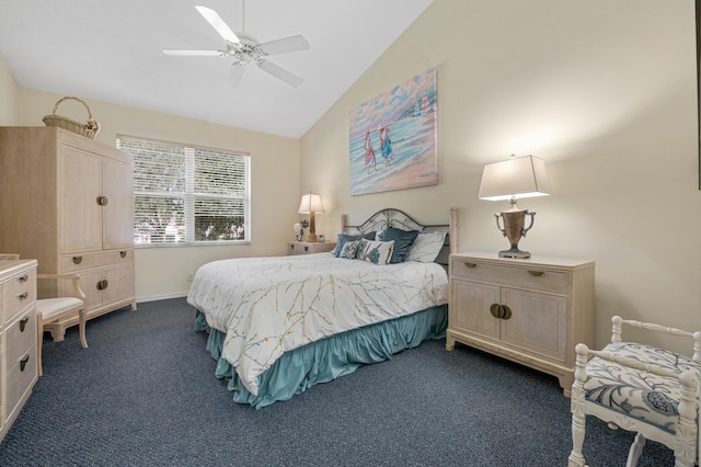 bedroom featuring vaulted ceiling, ceiling fan, and dark colored carpet