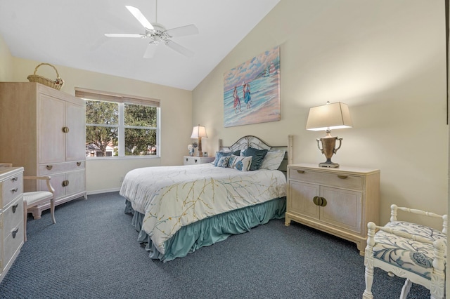 carpeted bedroom featuring ceiling fan and lofted ceiling