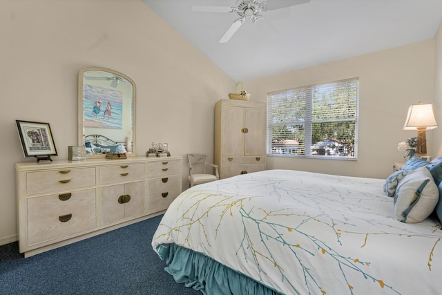 carpeted bedroom featuring ceiling fan and lofted ceiling