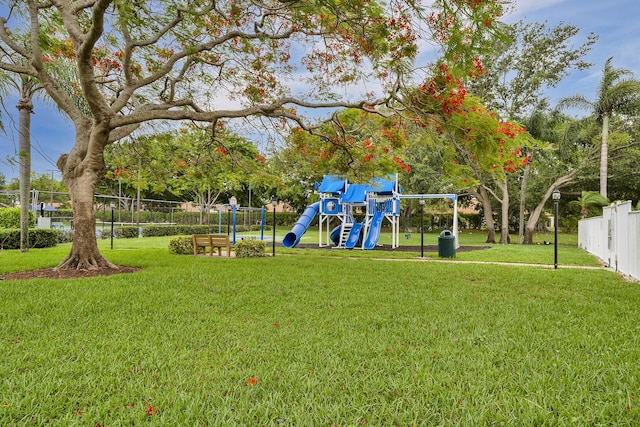 view of playground featuring a lawn