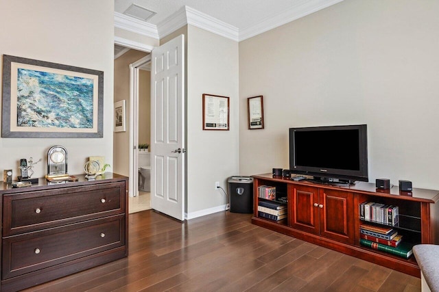 office with dark hardwood / wood-style flooring and crown molding