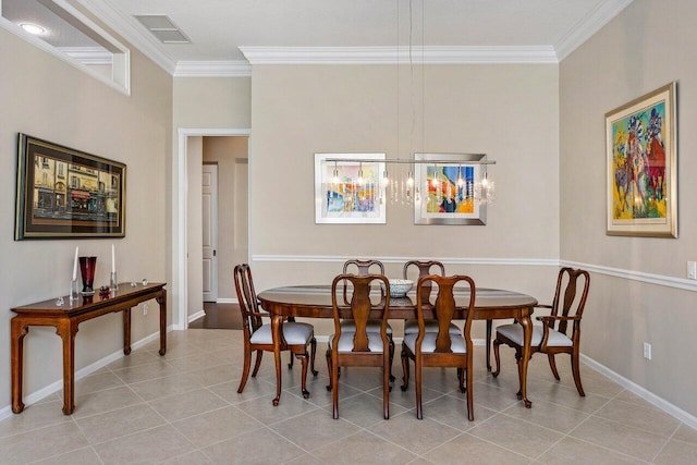 tiled dining space with crown molding