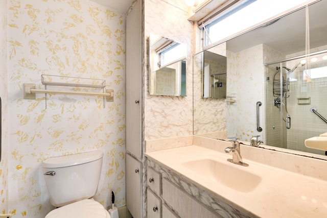 bathroom with vanity, toilet, and walk in shower