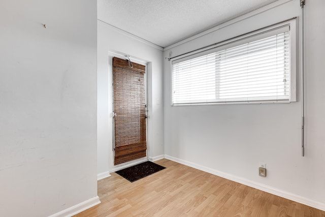 interior space with a textured ceiling, light hardwood / wood-style floors, and a healthy amount of sunlight