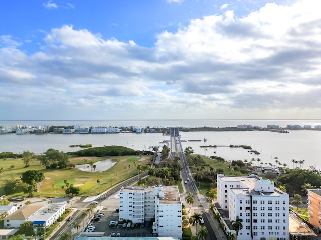 drone / aerial view featuring a water view