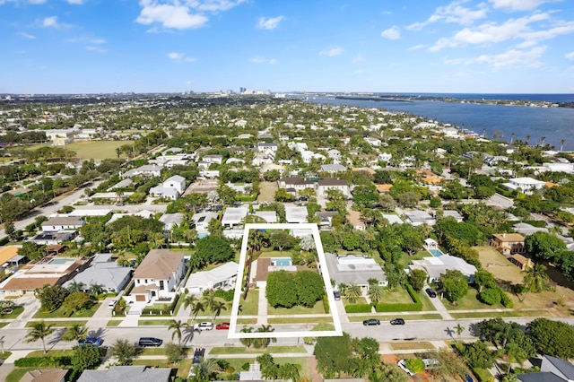 bird's eye view with a water view