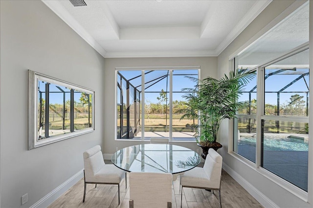 sunroom featuring a raised ceiling and a healthy amount of sunlight