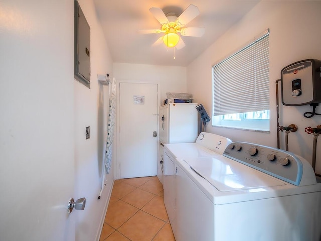 laundry room with ceiling fan, light tile patterned floors, electric panel, and washing machine and clothes dryer