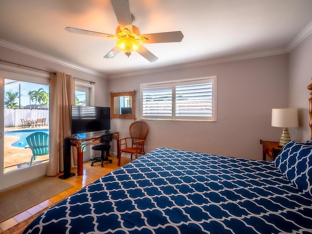 bedroom with light tile patterned floors, ceiling fan, and ornamental molding