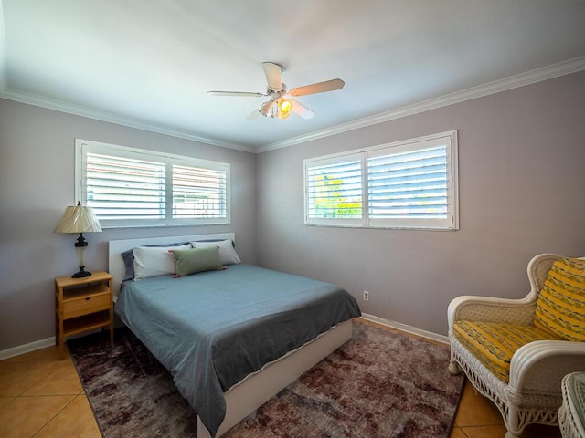 bedroom with tile patterned flooring, ceiling fan, and ornamental molding