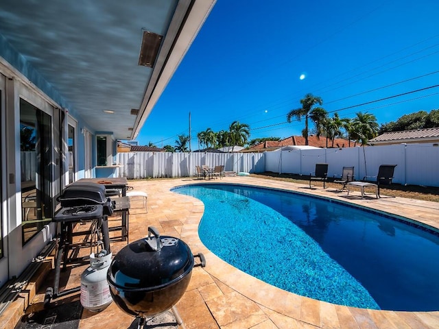 view of pool featuring a grill and a patio