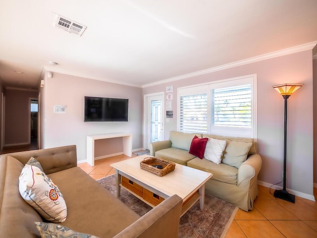 tiled living room with crown molding