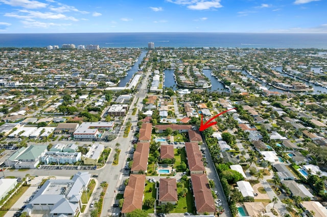 aerial view featuring a water view