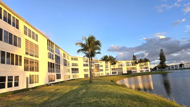 exterior space with a water view