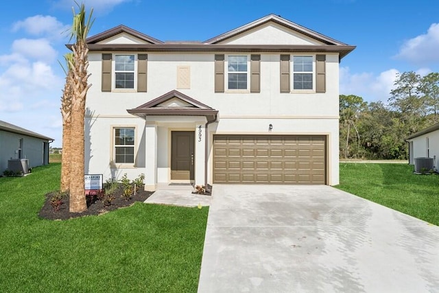 view of front of house featuring a garage, central air condition unit, and a front lawn