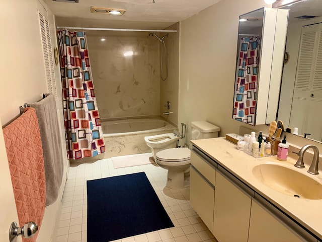 full bathroom with shower / bathtub combination with curtain, tile patterned flooring, a bidet, toilet, and vanity