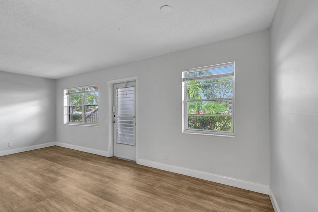 spare room with plenty of natural light, a textured ceiling, and light hardwood / wood-style flooring