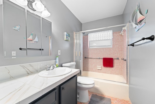 full bathroom featuring vanity, toilet, enclosed tub / shower combo, and backsplash