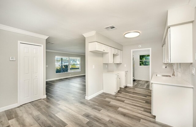 kitchen with white cabinets, light wood-type flooring, sink, and ornamental molding