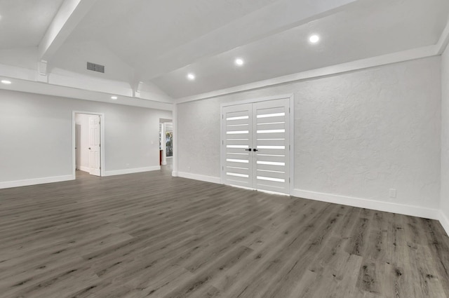 interior space with dark wood-type flooring, high vaulted ceiling, and beamed ceiling