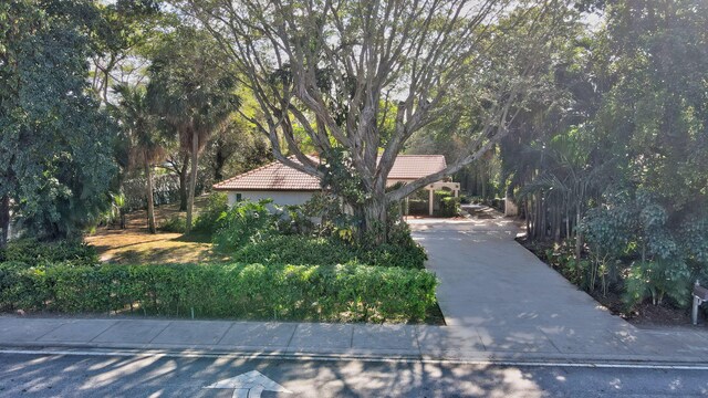 view of property hidden behind natural elements featuring stucco siding and a tiled roof