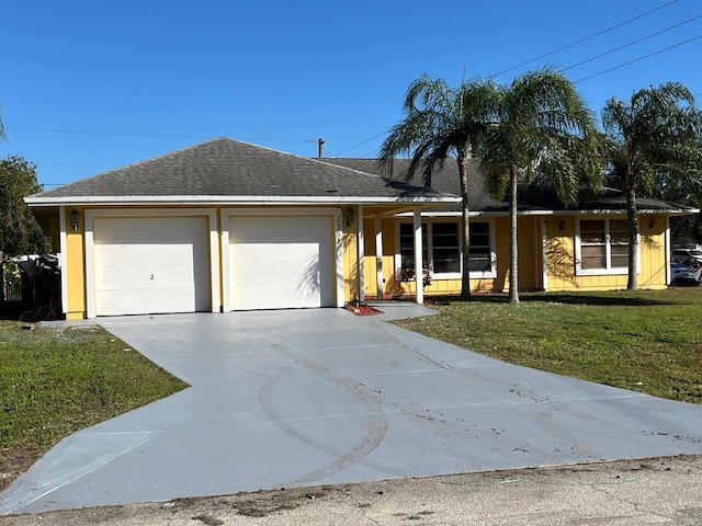 ranch-style house featuring a front lawn and a garage